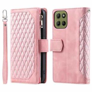 For Motorola Moto G15 Grid Texture Zipper Leather Phone Case with Lanyard(Rose Gold)