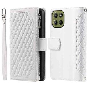 For Motorola Moto G15 Grid Texture Zipper Leather Phone Case with Lanyard(White)