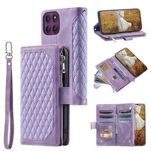 For Motorola Edge 60 Pro Grid Texture Zipper Leather Phone Case with Lanyard(Purple)
