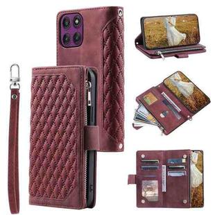 For Motorola Edge 60 Pro Grid Texture Zipper Leather Phone Case with Lanyard(Wine Red)