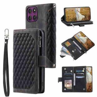 For Motorola Edge 60 Pro Grid Texture Zipper Leather Phone Case with Lanyard(Black)