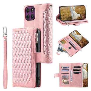 For Motorola Edge 60 Pro Grid Texture Zipper Leather Phone Case with Lanyard(Rose Gold)