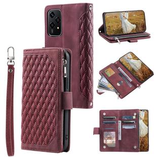 For Honor 200 Lite Grid Texture Zipper Leather Phone Case with Lanyard(Wine Red)