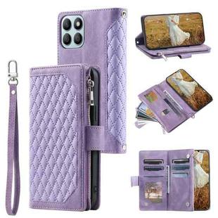 For Honor X6b 4G Global Grid Texture Zipper Leather Phone Case with Lanyard(Purple)