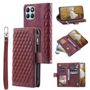 For Honor X6b 4G Global Grid Texture Zipper Leather Phone Case with Lanyard(Wine Red)