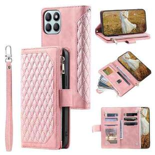 For Honor X6b 4G Global Grid Texture Zipper Leather Phone Case with Lanyard(Rose Gold)