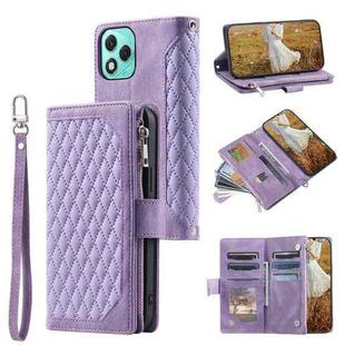 For Honor 400 Lite Grid Texture Zipper Leather Phone Case with Lanyard(Purple)