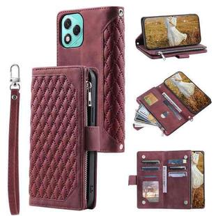 For Honor 400 Lite Grid Texture Zipper Leather Phone Case with Lanyard(Wine Red)