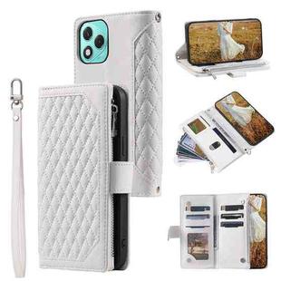 For Honor 400 Lite Grid Texture Zipper Leather Phone Case with Lanyard(White)