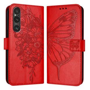 For Sony Xperia 1 V Embossed Butterfly Leather Phone Case(Red)