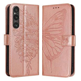 For Sony Xperia 1 V Embossed Butterfly Leather Phone Case(Rose Gold)