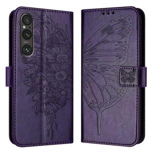 For Sony Xperia 1 V Embossed Butterfly Leather Phone Case(Dark Purple)