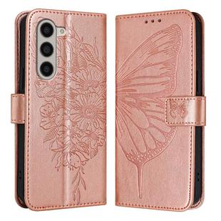 For Samsung Galaxy Z Fold5 Embossed Butterfly Leather Phone Case(Rose Gold)