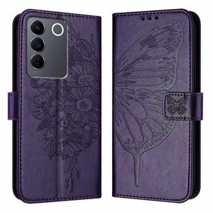 For vivo V27 5G/V27 Pro 5G Global Embossed Butterfly Leather Phone Case(Dark Purple)