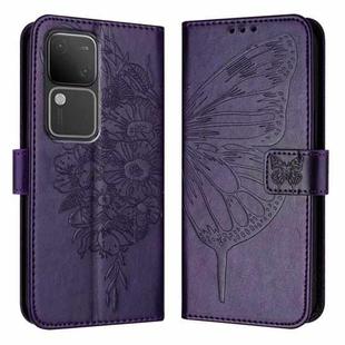 For vivo V30 5G/V30 Pro 5G Global Embossed Butterfly Leather Phone Case(Dark Purple)