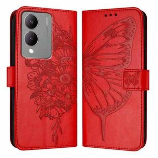 For vivo Y17s 4G Global / Y28 5G India Embossed Butterfly Leather Phone Case(Red)