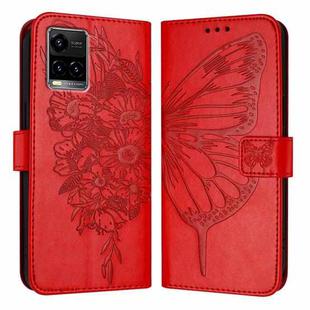 For vivo Y33s 4G Global/Y21 2021/Y21s Embossed Butterfly Leather Phone Case(Red)