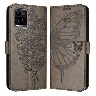 For vivo Y33s 4G Global/Y21 2021/Y21s Embossed Butterfly Leather Phone Case(Grey)