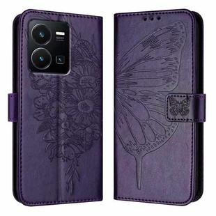 For vivo Y35 4G/Y22 4G/Y22s 4G Global Embossed Butterfly Leather Phone Case(Dark Purple)