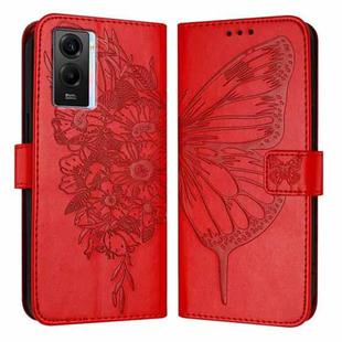 For vivo Y55 5G Global / Y55s 2023 5G Embossed Butterfly Leather Phone Case(Red)