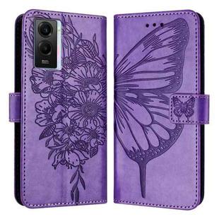 For vivo Y55 5G Global / Y55s 2023 5G Embossed Butterfly Leather Phone Case(Light Purple)