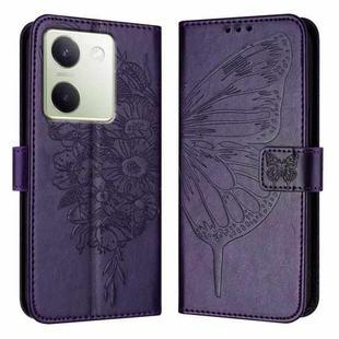 For vivo Y100 5G Global Embossed Butterfly Leather Phone Case(Dark Purple)