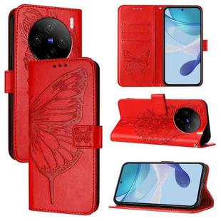 For vivo X100 Embossed Butterfly Leather Phone Case(Red)