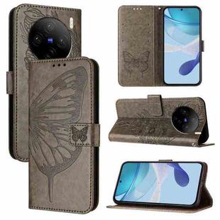 For vivo X100 Embossed Butterfly Leather Phone Case(Grey)