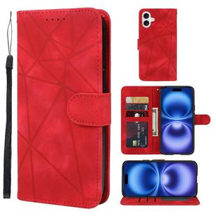 For iPhone 16 Skin Feel Geometric Lines Leather Phone Case(Red)