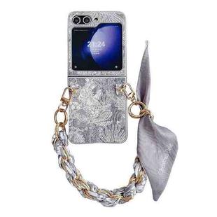 For Samsung Galaxy Z Flip5 Embroidery Style DIY Full Coverage Phone Case with Scarf / Bracelet(Grey)