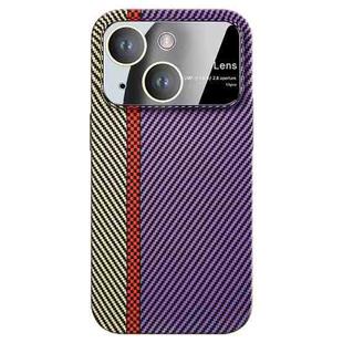 For iPhone 15 Large Window Carbon Fiber Shockproof Phone Case(Green Purple)