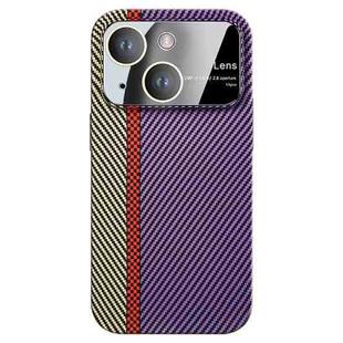 For iPhone 14 Large Window Carbon Fiber Shockproof Phone Case(Green Purple)