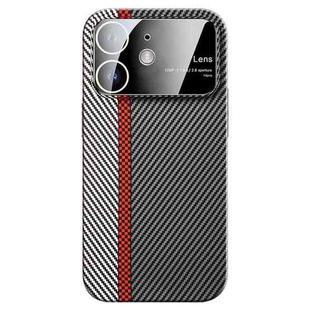 For iPhone 12 Large Window Carbon Fiber Shockproof Phone Case(Silver Red)