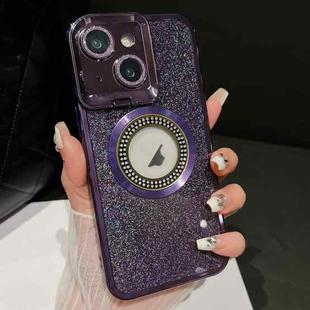 For iPhone 14 Starry Glitter MagSafe Lens Holder Phone Case(Purple)