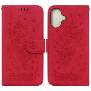 For iPhone 16 Butterfly Rose Embossed Leather Phone Case(Red)