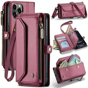 For iPhone 12 Pro Max CaseMe C36 Card Slots Zipper Wallet RFID Anti-theft Leather Phone Case(Wine Red)