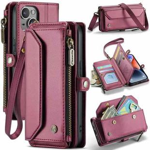 For iPhone 14 CaseMe C36 Card Slots Zipper Wallet RFID Anti-theft Leather Phone Case(Wine Red)