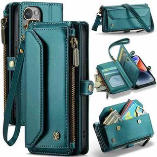 For iPhone 14 Plus CaseMe C36 Card Slots Zipper Wallet RFID Anti-theft Leather Phone Case(Blue-green)