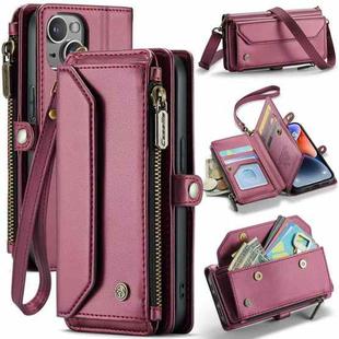 For iPhone 14 Plus CaseMe C36 Card Slots Zipper Wallet RFID Anti-theft Leather Phone Case(Wine Red)
