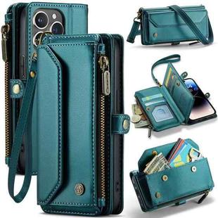 For iPhone 14 Pro Max CaseMe C36 Card Slots Zipper Wallet RFID Anti-theft Leather Phone Case(Blue-green)