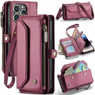 For iPhone 14 Pro Max CaseMe C36 Card Slots Zipper Wallet RFID Anti-theft Leather Phone Case(Wine Red)
