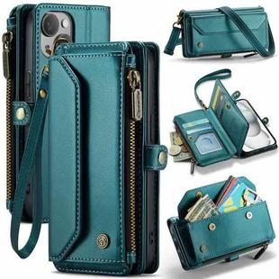 For iPhone 15 Plus CaseMe C36 Card Slots Zipper Wallet RFID Anti-theft Leather Phone Case(Blue-green)
