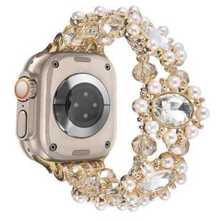 For Apple Watch Ultra 2 49mm Beaded Pearl Gemstone Bracelet Watch Band(Light Gold)