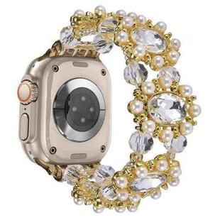 For Apple Watch Ultra 49mm Beaded Pearl Gemstone Bracelet Watch Band(Gold)