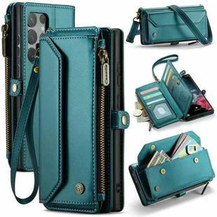 For Samsung Galaxy S22 Ultra 5G CaseMe C36 Card Slots Zipper Wallet RFID Anti-theft Leather Phone Case(Blue-green)