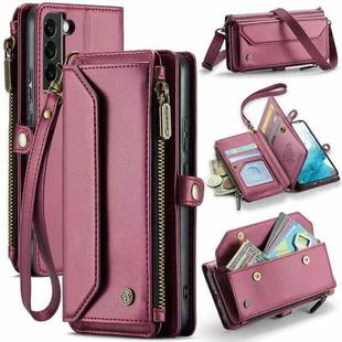 For Samsung Galaxy S22 5G CaseMe C36 Card Slots Zipper Wallet RFID Anti-theft Leather Phone Case(Wine Red)