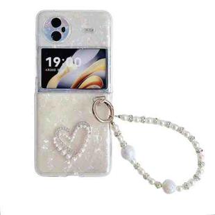 For vivo X Flip Pearlescent Shell Texture Heart Pattern Phone Case with Bracelet(White)