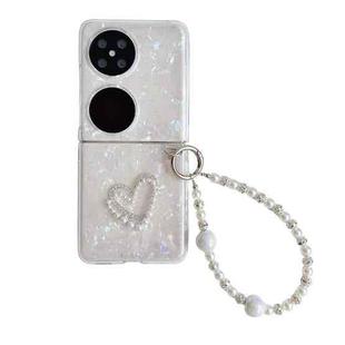 For Huawei P50 Pocket Pearlescent Shell Texture Heart Pattern Phone Case with Bracelet(White)