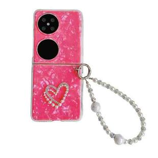 For Huawei P50 Pocket Pearlescent Shell Texture Heart Pattern Phone Case with Bracelet(Red)