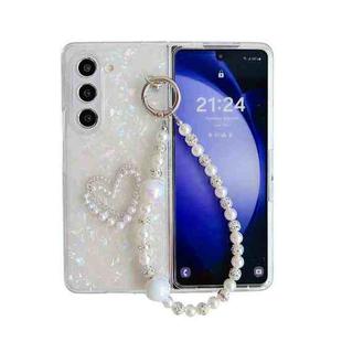 For Samsung Galaxy Z Fold4 Pearlescent Shell Texture Heart Pattern Phone Case with Bracelet(White)